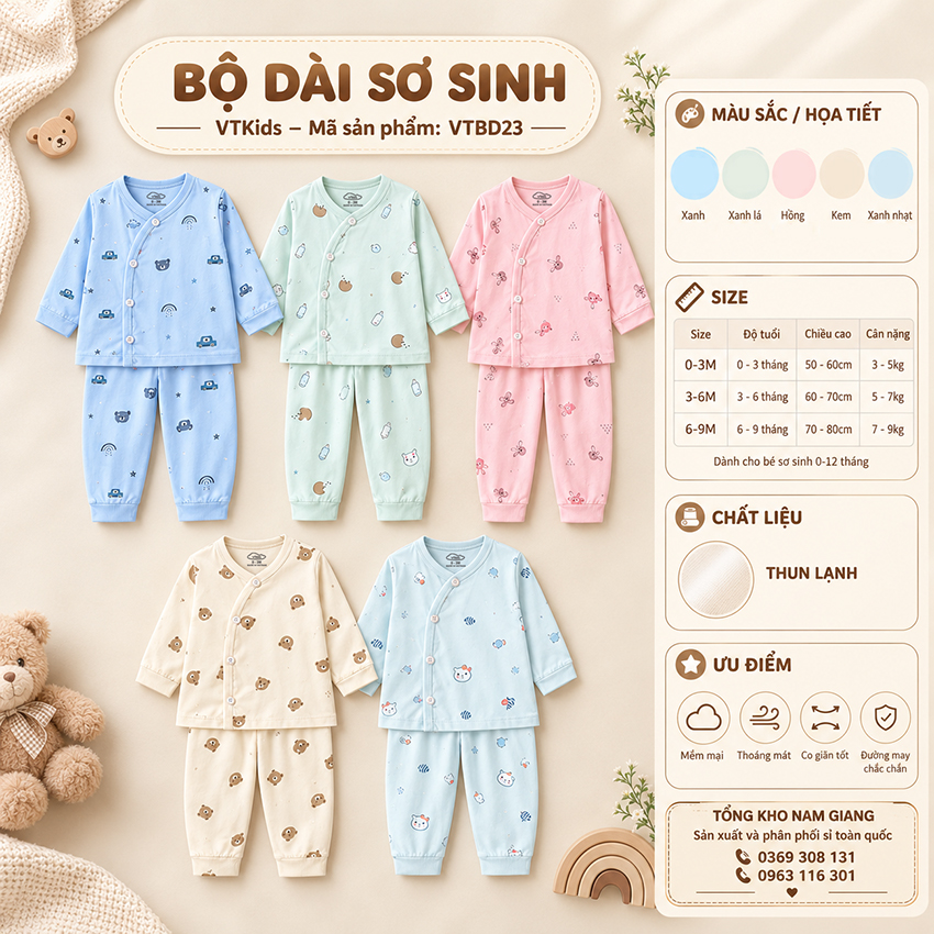 Bộ dài sơ sinh thun lạnh VTKids cài lệch VTBD23