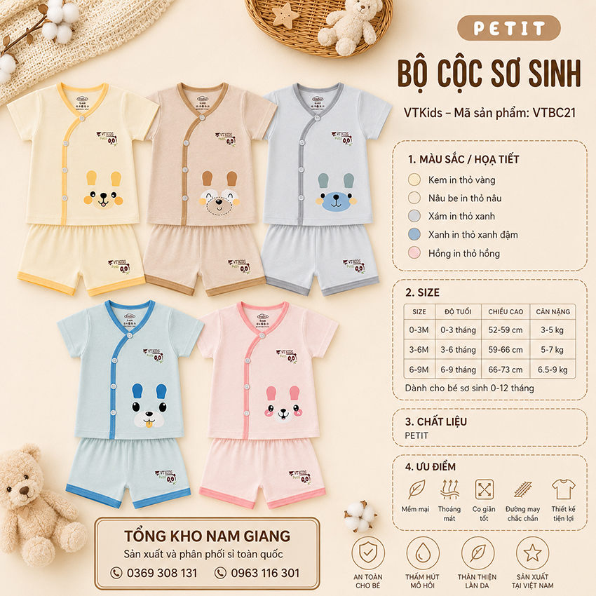 Bộ cộc sơ sinh Petit VTKids cài lệch VTBC21