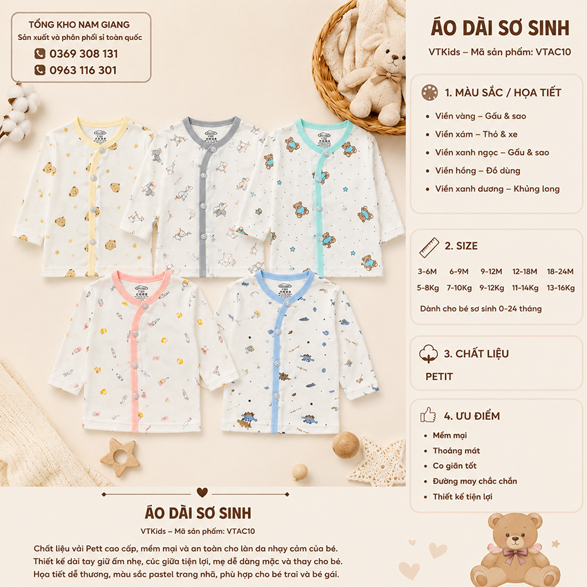 Áo dài sơ sinh Petit VTKids cài lệch VTAD10