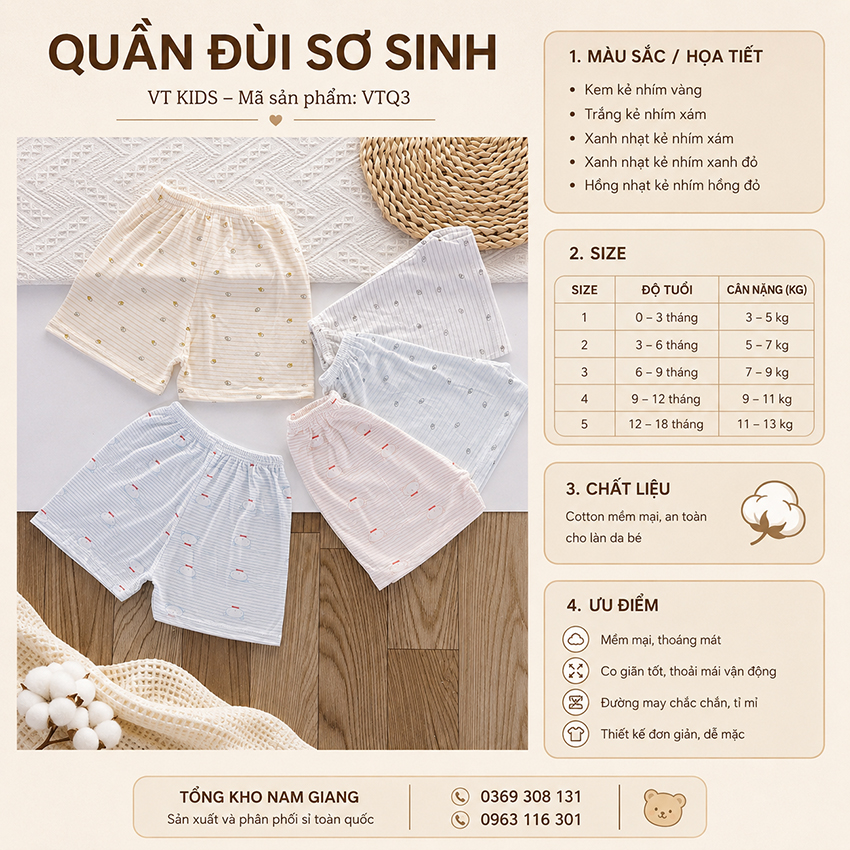Quần đùi sơ sinh thun lạnh VTkids VTQ3
