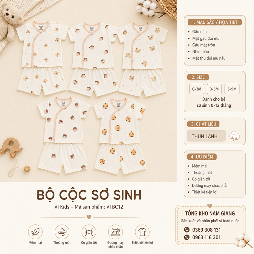 Bộ cộc sơ sinh thun lạnh VTKids cài chéo VTBC12