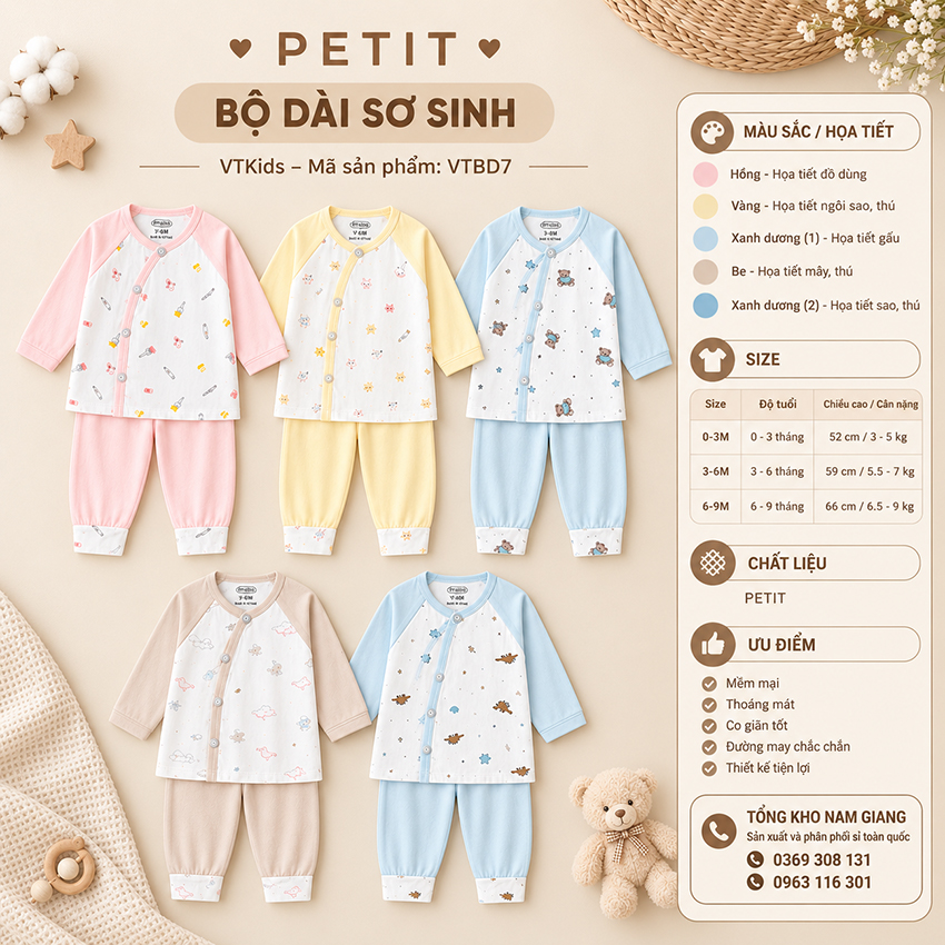 Bộ dài sơ sinh petit VTKids cài lệch VTBD7
