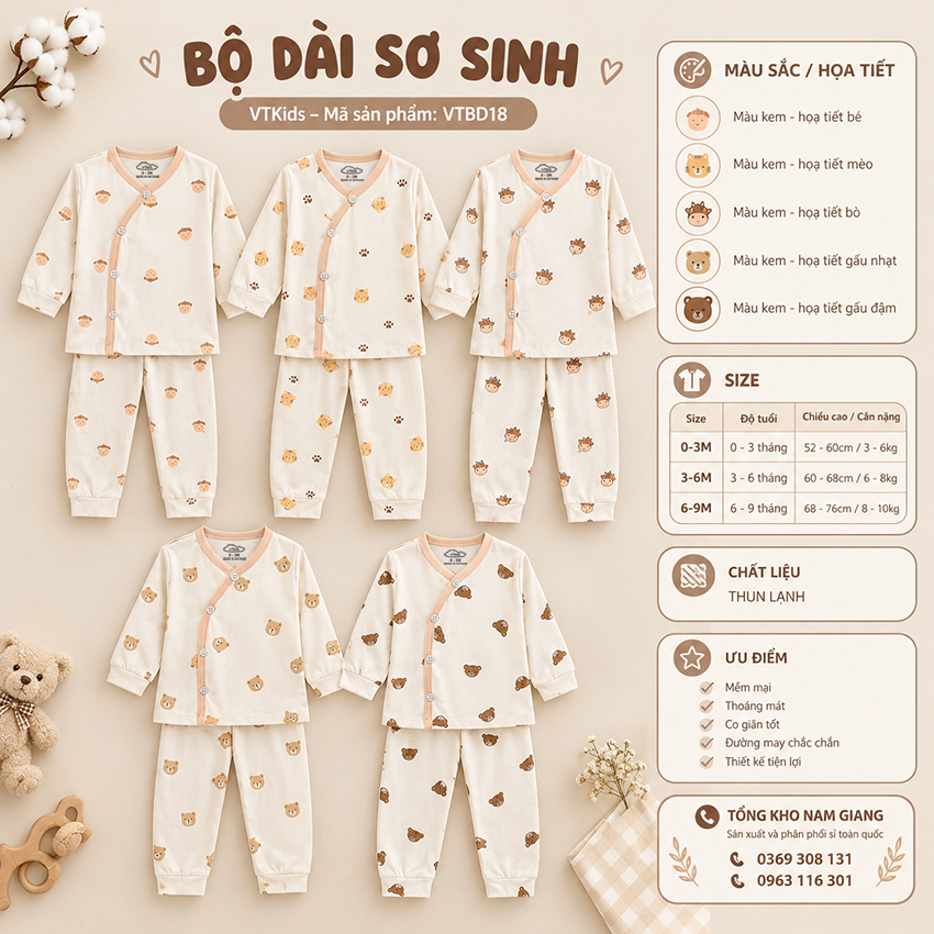 Bộ dài sơ sinh thun lạnh VTKids cài lệch VTBD18
