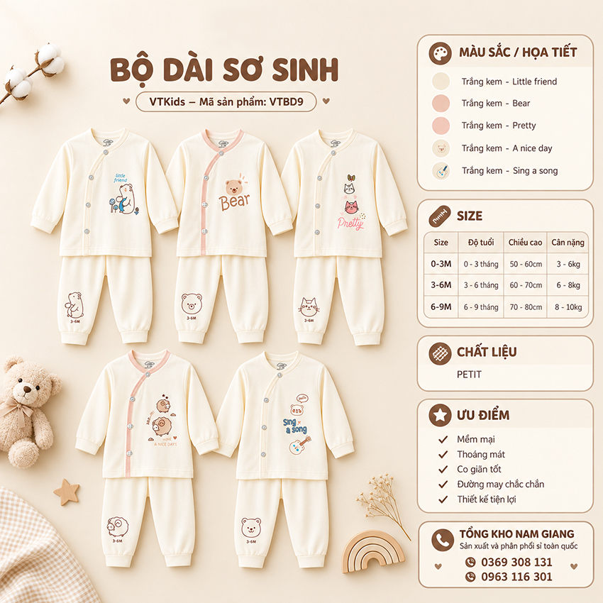 Bộ dài sơ sinh petit VTKids cài lệch VTBD9