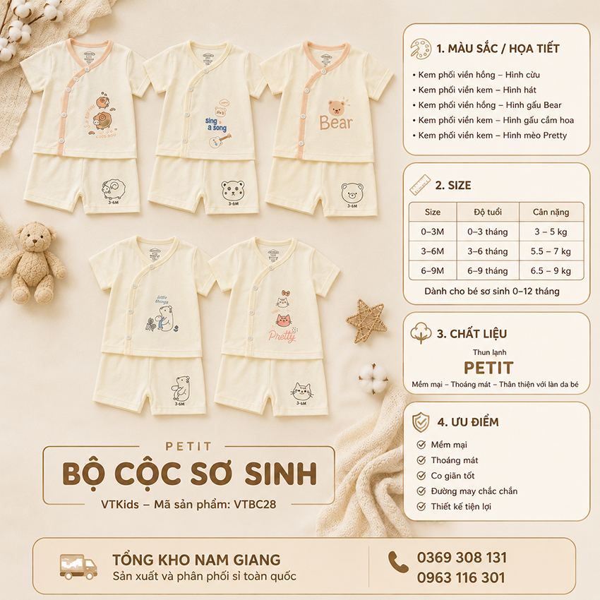 Bộ cộc sơ sinh Petit VTKids cài lệch VTBC28