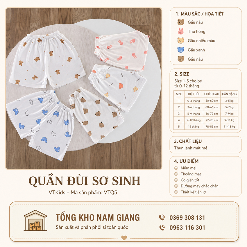 Quần đùi sơ sinh thun lạnh VTkids VTQ5