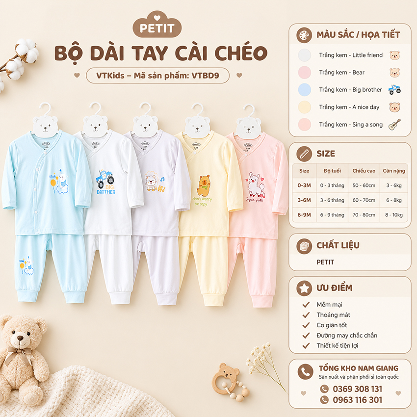 Bộ dài sơ sinh petit VTKids cài lệch VTBD10