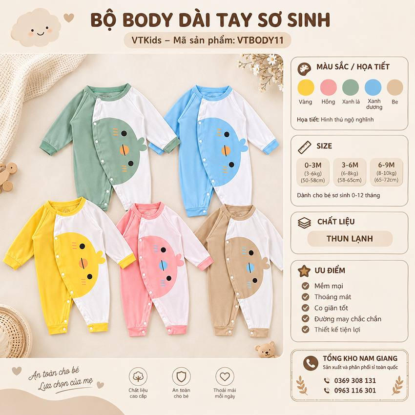 Body sơ sinh dài tay thun lạnh VTKids VTBODY11