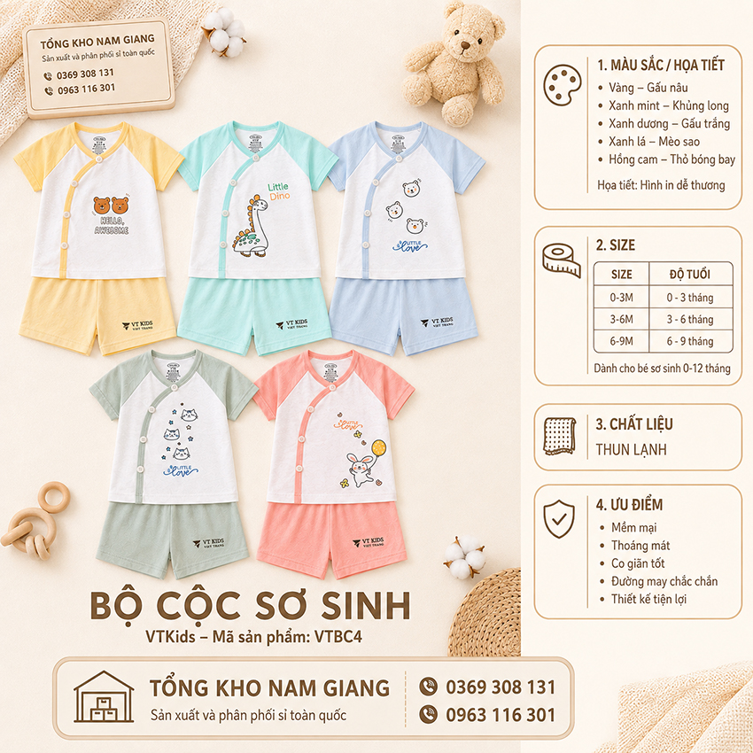 Bộ cộc sơ sinh thun lạnh VTKids cài chéo VTBC4