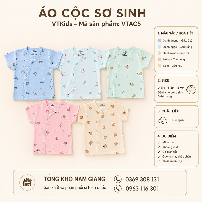 Áo cộc sơ sinh thun lạnh VTKids cài chéo VTAC5