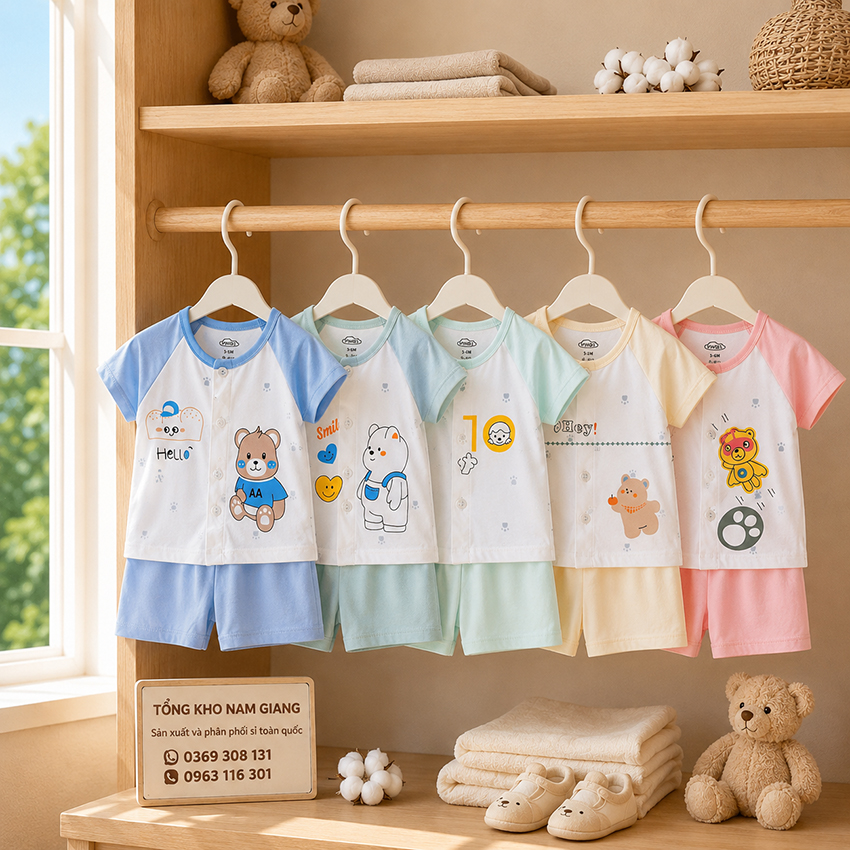 Bộ cộc sơ sinh thun lạnh VTKids cài giữa VTBC16