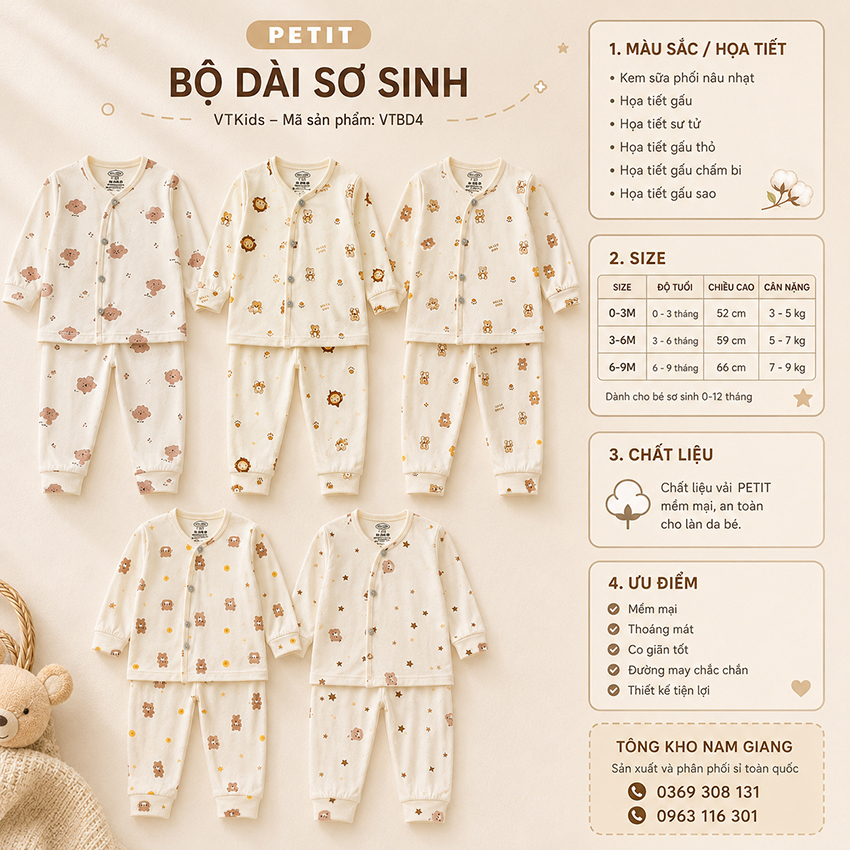 Bộ dài sơ sinh petit VTKids cài lệch VTBD4