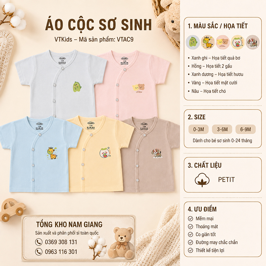 Áo cộc sơ sinh Petit VTKids cài lệch VTAC9