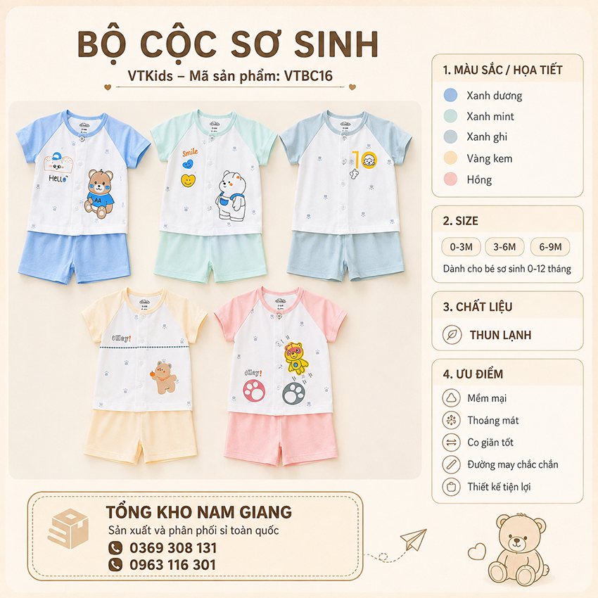 Bộ cộc sơ sinh thun lạnh VTKids cài giữa VTBC16