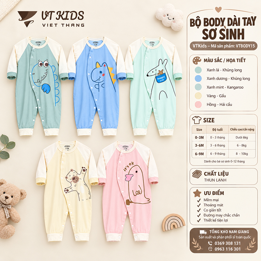 Body sơ sinh dài tay thun lạnh VTKids VTBODY15