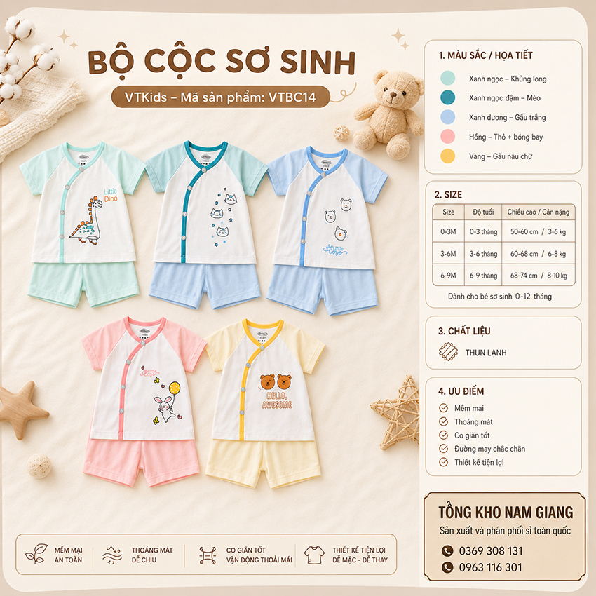 Bộ cộc sơ sinh thun lạnh VTKids cài chéo VTBC14