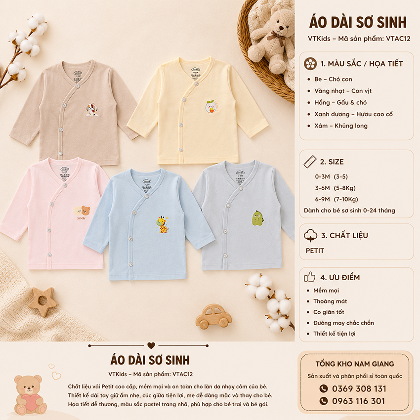 Áo dài sơ sinh Petit VTKids cài lệch VTAD12