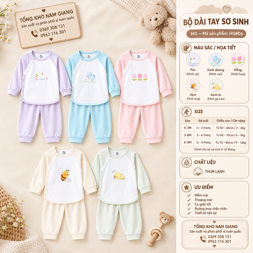 Bộ dài sơ sinh thun lạnh HG cài lệch HGBD6