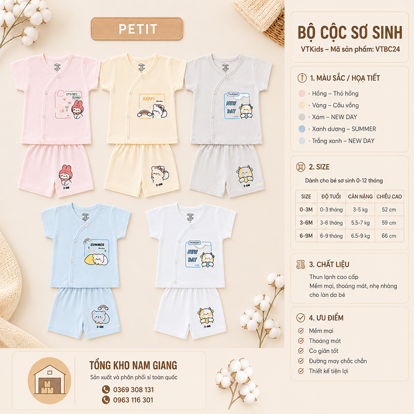 Bộ cộc sơ sinh Petit VTKids cài lệch VTBC24