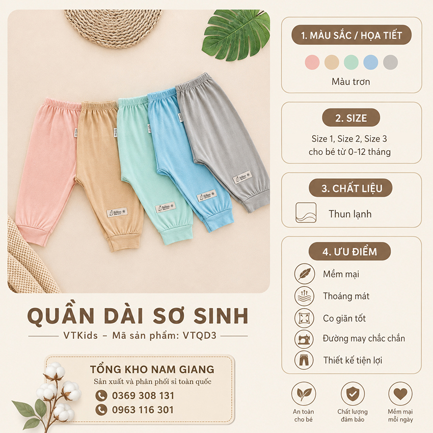 Quần dài sơ sinh thun lạnh VTKids đáp đũng VTQD3