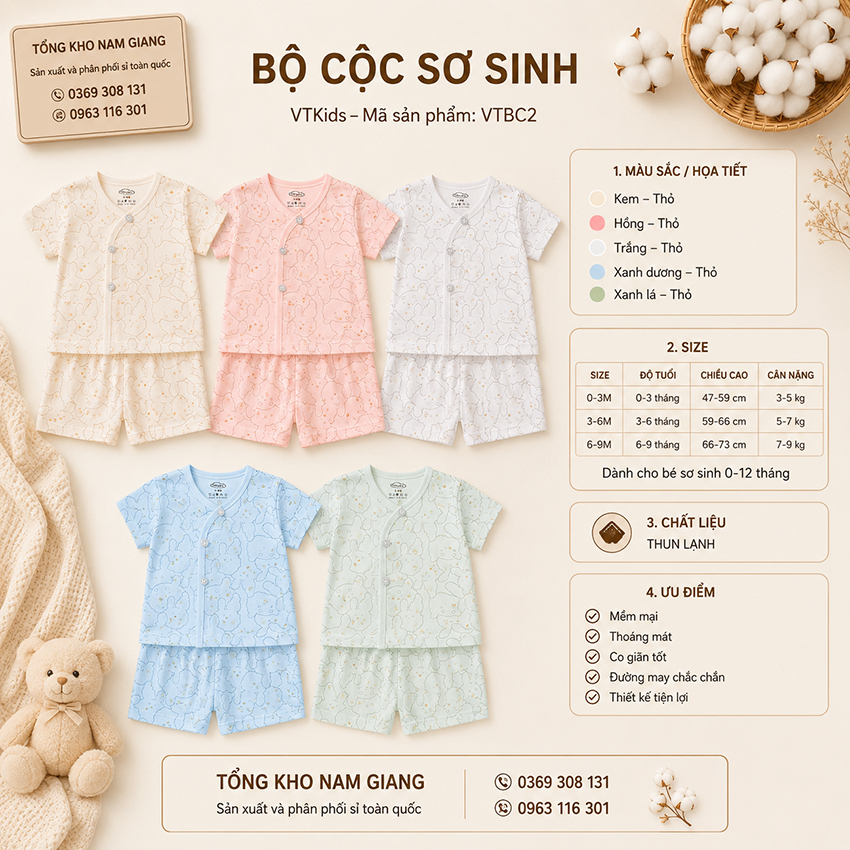 Bộ cộc sơ sinh thun lạnh VTKids cài chéo VTBC2