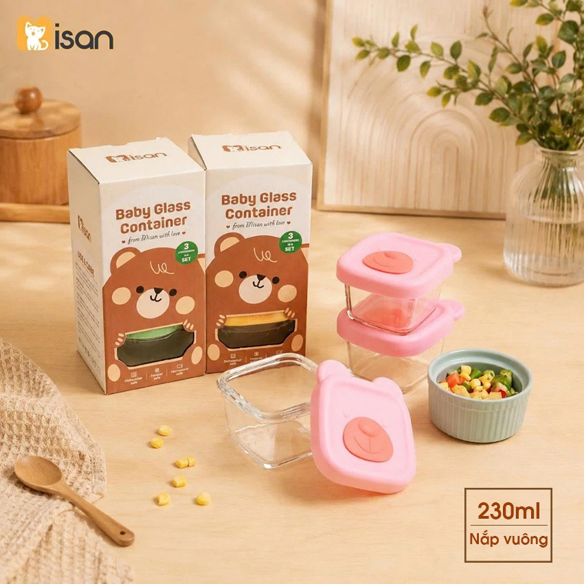 Sét 3 hũ thủy tinh gấu Misan nắp silicon trơn