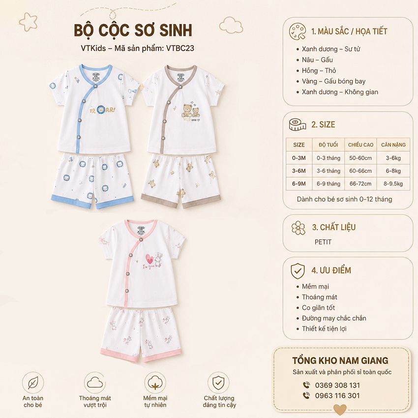 Bộ cộc sơ sinh Petit VTKids cài lệch VTBC23