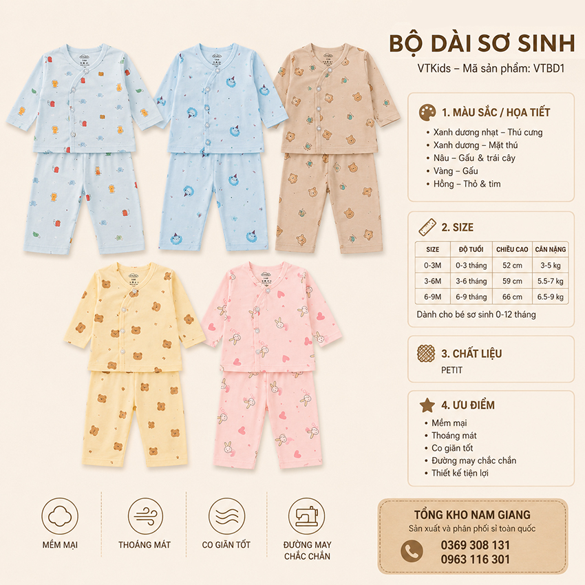 Bộ dài sơ sinh petit VTKids cài lệch VTBD1