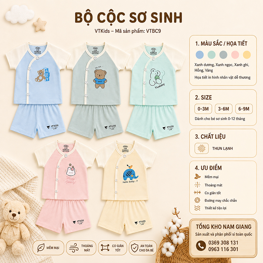 Bộ cộc sơ sinh thun lạnh VTKids cài chéo VTBC9
