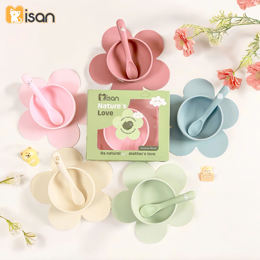 Bát ăn dặm silicon Misan hình hoa kèm thìa
