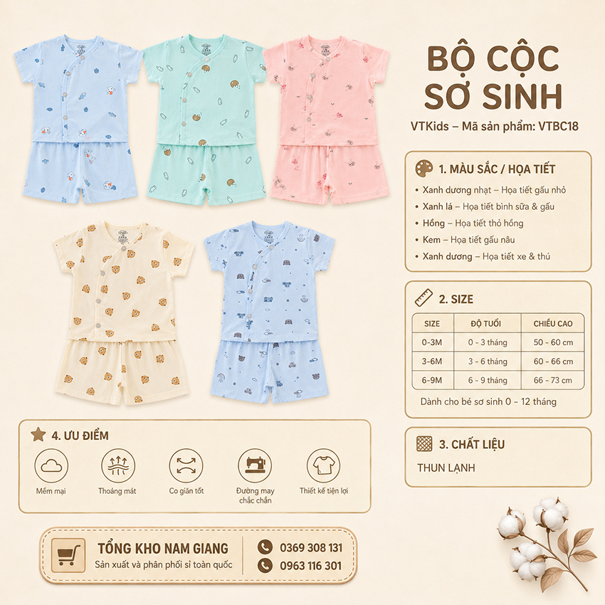 Bộ cộc sơ sinh thun lạnh VTKids cài lệch VTBC18