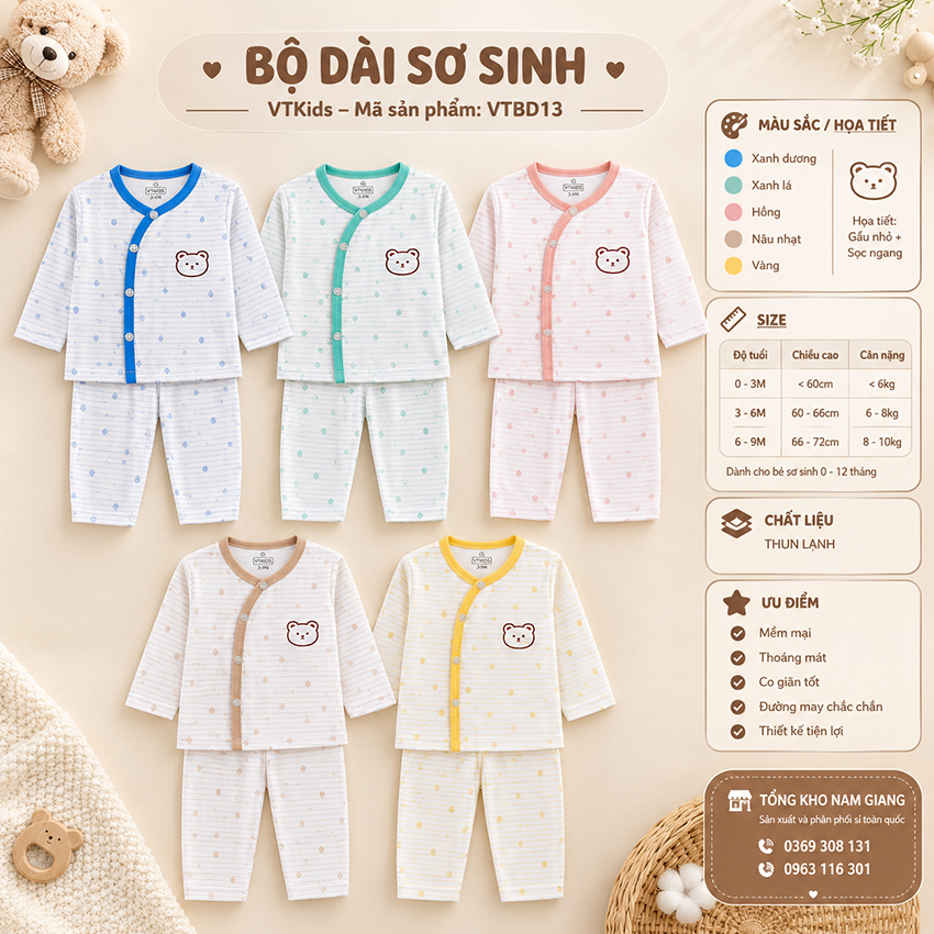 Bộ dài sơ sinh thun lạnh VTKids cài chéo VTBD13