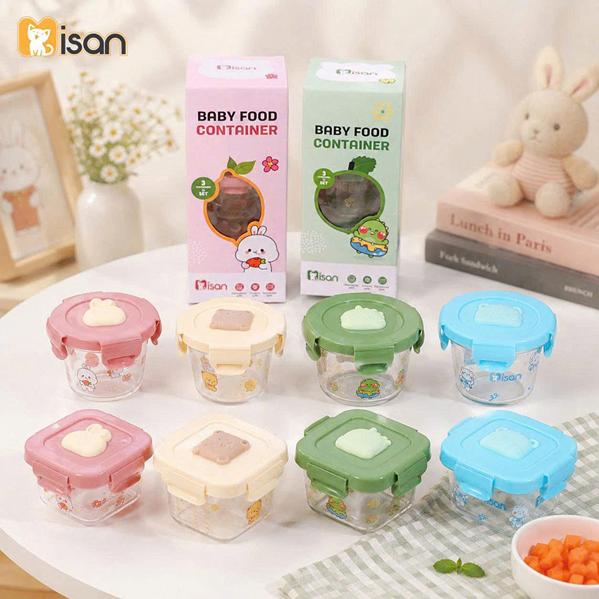 Sét 3 hũ thủy tinh Misan nắp nhựa họa tiết 180ml
