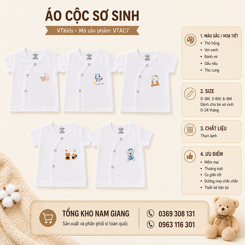 Áo cộc sơ sinh thun lạnh VTKids cài chéo VTAC7
