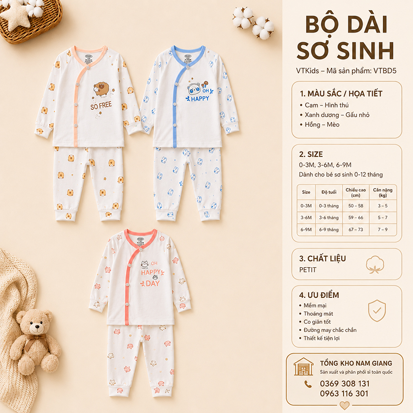 Bộ dài sơ sinh petit VTKids cài lệch VTBD5