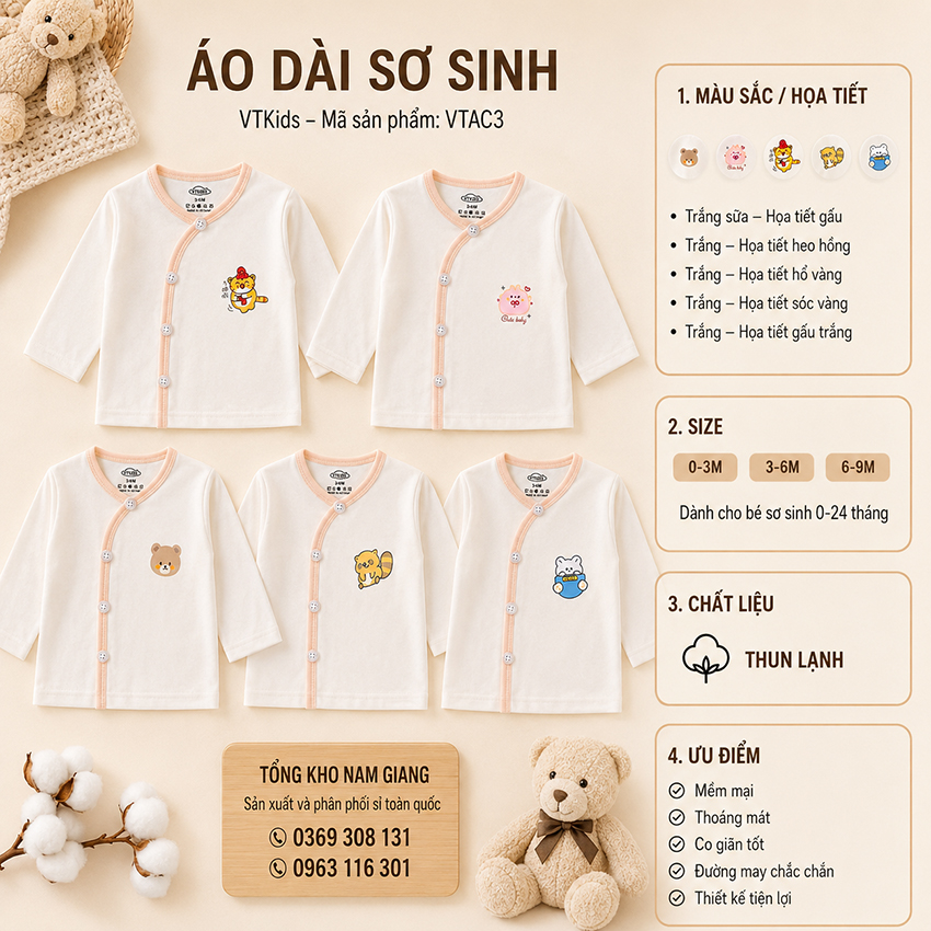 Áo dài sơ sinh thun lạnh VTKids cài lệch VTAD3