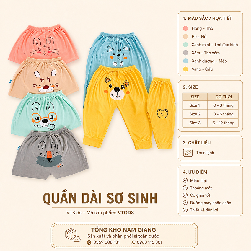 Quần dài sơ sinh thun lạnh VTKids mông thú VTQD8