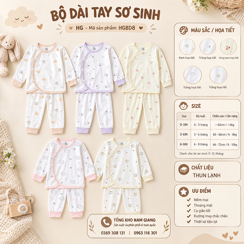 Bộ dài sơ sinh thun lạnh HG cài lệch HGBD8