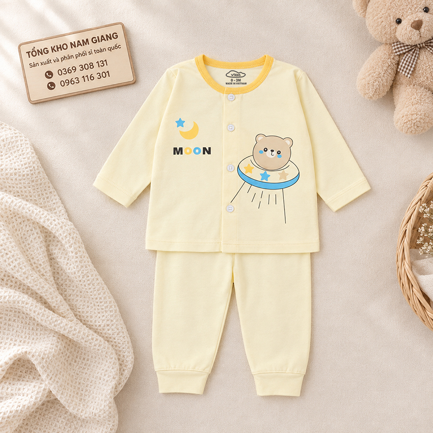 Bộ dài sơ sinh thun lạnh VTKids cúc giữa VTBD15