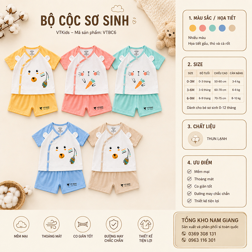 Bộ cộc sơ sinh thun lạnh VTKids cài chéo VTBC6