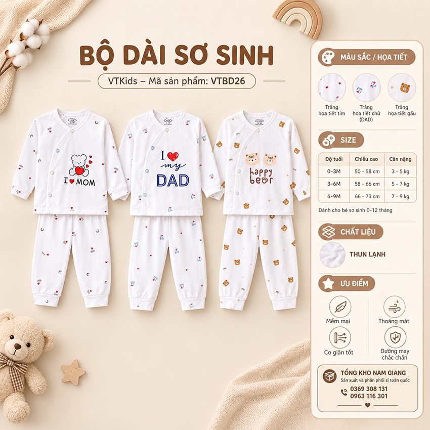 Bộ dài sơ sinh thun lạnh VTKids cài lệch VTBD26