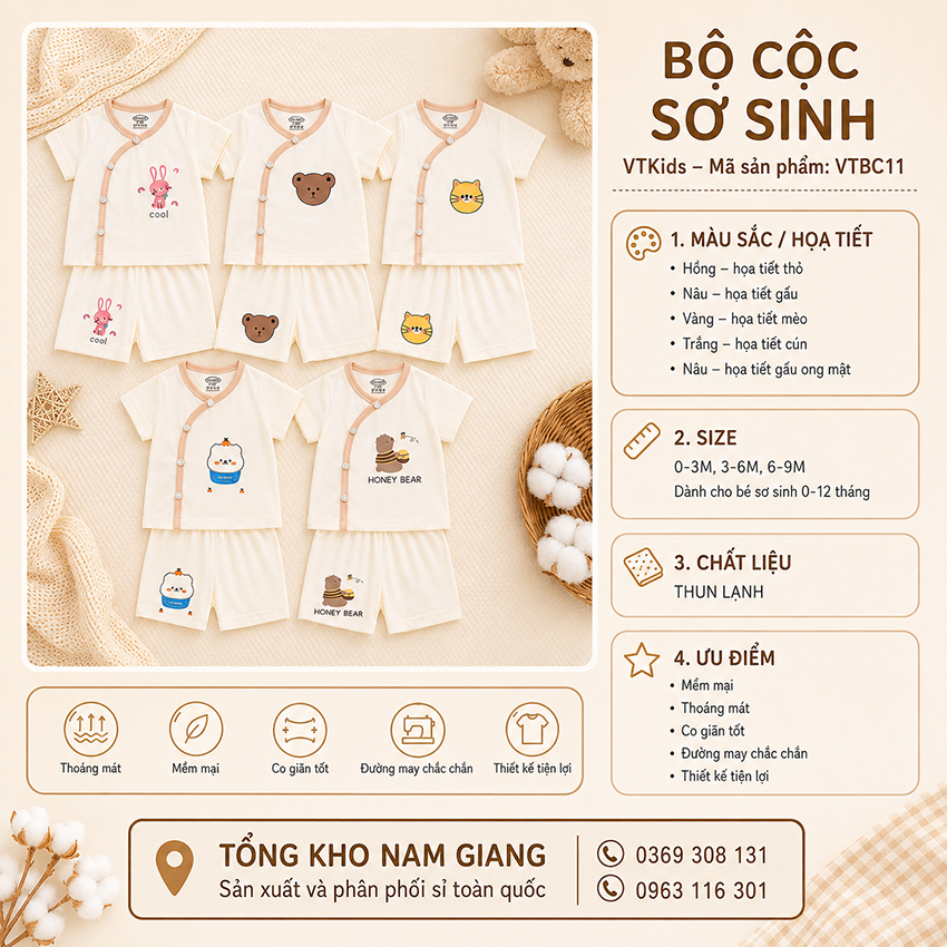 Bộ cộc sơ sinh thun lạnh VTKids cài chéo VTBC11