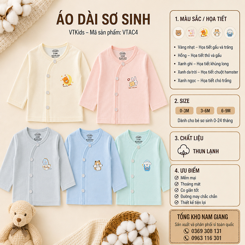 Áo dài sơ sinh thun lạnh VTKids cài lệch VTAD4