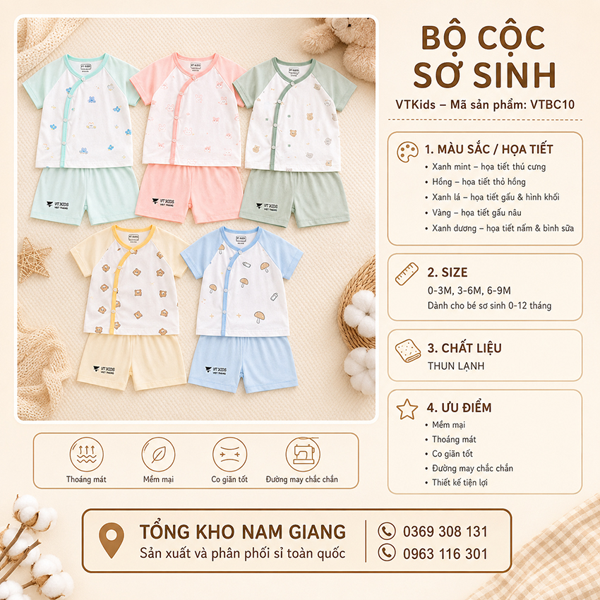 Bộ cộc sơ sinh thun lạnh VTKids cài chéo VTBC10