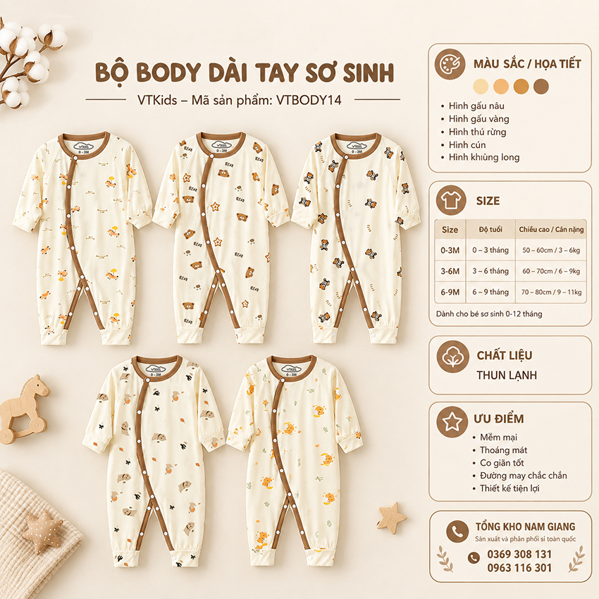 Body sơ sinh dài tay thun lạnh VTKids VTBODY14