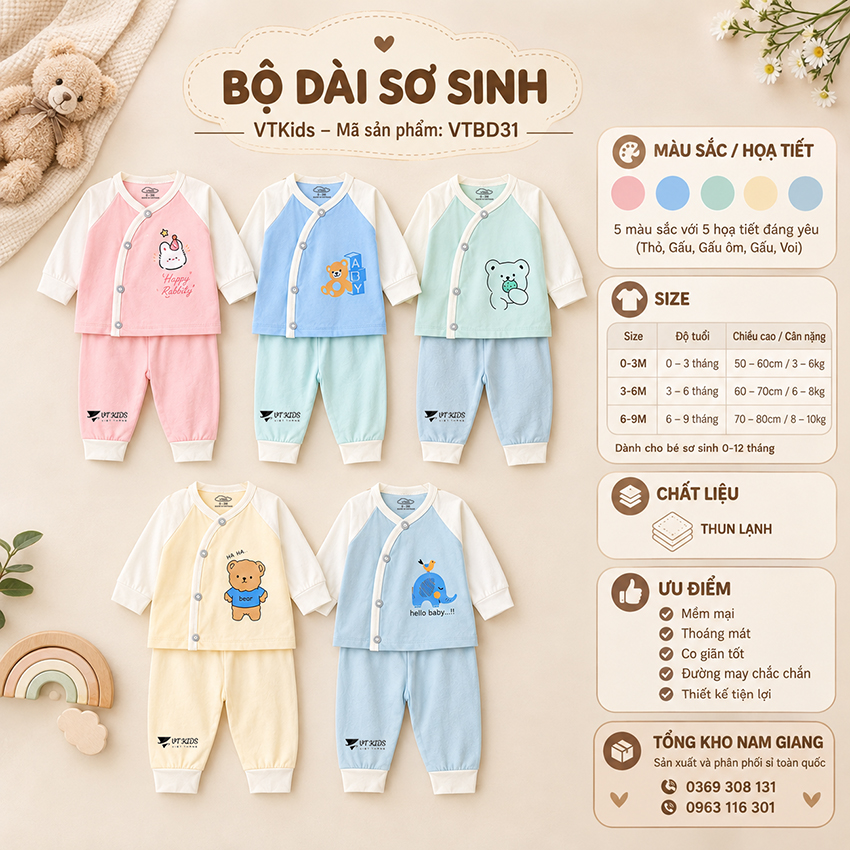 Bộ dài sơ sinh thun lạnh VTKids cài lệch VTBD31