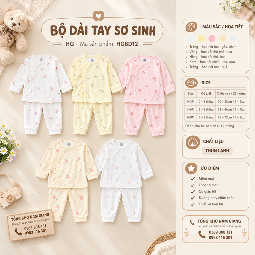 Bộ dài sơ sinh thun lạnh HG cài lệch HGBD12