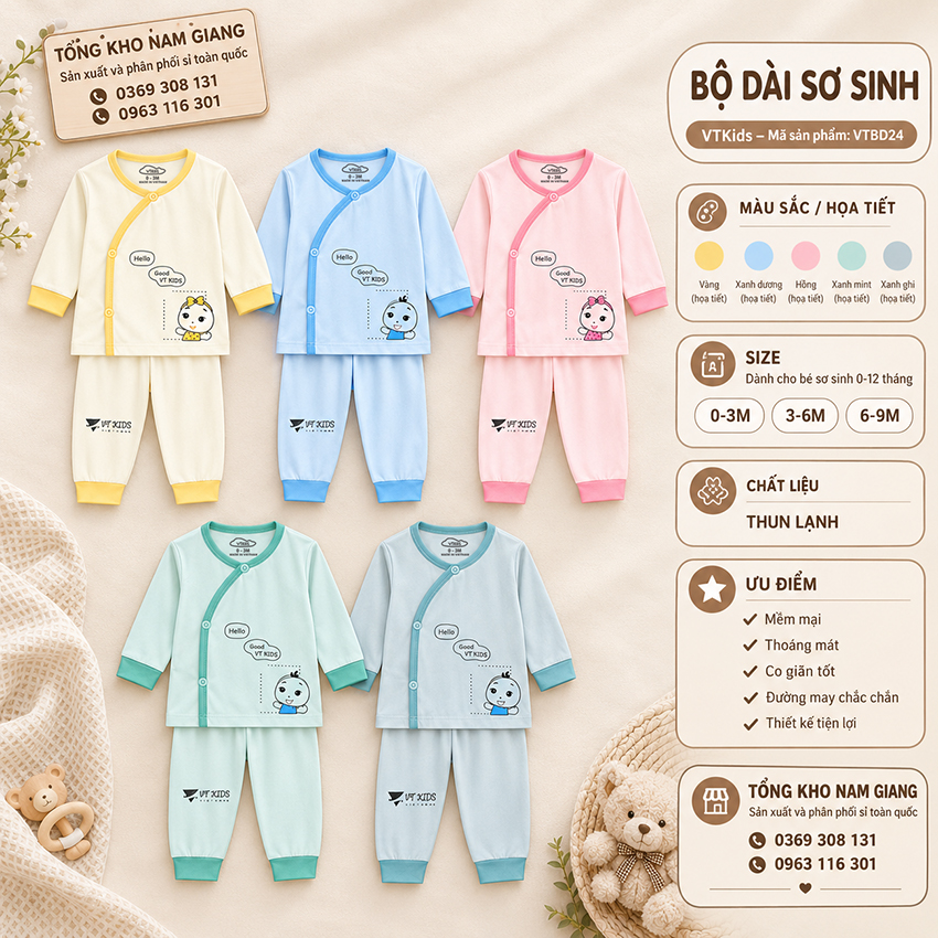 Bộ dài sơ sinh thun lạnh VTKids cài lệch VTBD24