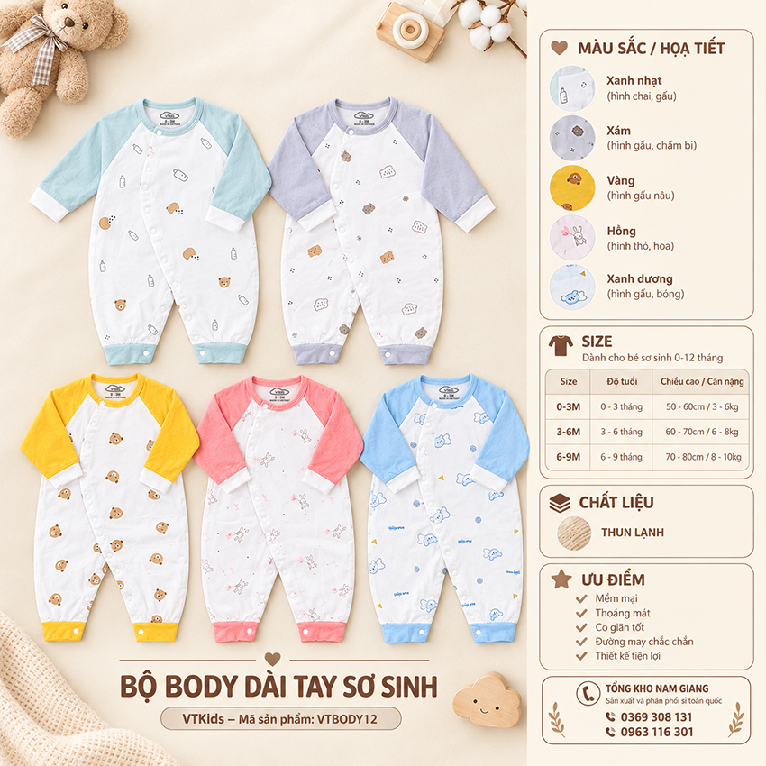 Body sơ sinh dài tay thun lạnh VTKids VTBODY12