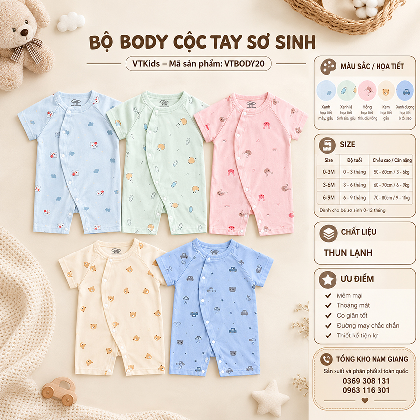 Body sơ sinh cộc tay thun lạnh VTKids VTBODY20